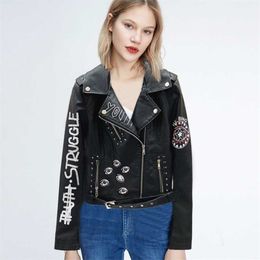 Graffiti Rivet Letters Locomotive Leather Jacket Fashion Women Short Jackets PU Waterproof Cool Coat Dropship 211014