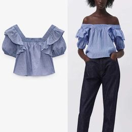 Za Women Cropped Ruffle Top Short Puff Sleeve Square Neck Plaid Blue Summer Blouse Woman Chic Elastic Vintage Loose Shirt 210602