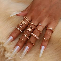 S2658 Fashion Jewelry Knuckle Ring Set Silver Geometric Faux Pearl Beads Angel Wing Cross Chain Stacking Rings Set 15pcs/set