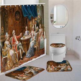 3/4 Pieces Europe Artistic Shower Curtains Sets Angel Oil Painting Carpet Gift Kids Toilet Mat 3D Print Ancient Art Bathroom Set 211116