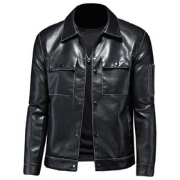 Fall Men's Lapel Multi-Pocket Leather Trendy Motorcycle Leather Jacket Coat British Simple Zipper Slim Casual Male Clothing 211009