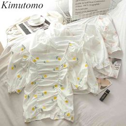 Kimutomo Korean Style Floral Embroidery Blouse and Shirt Girls Summer Chic Square Collar Puff Sleeve Short Tops Elegant 210521