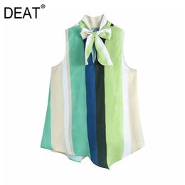 [DEAT] Summer Fashion Tops Stand-up Collar Sleeveless Bow Splicing Loose Casual Women Shirt 13C355 210527