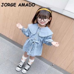 Spring Kids Dresses for Girls Denim Long Sleeve Dress Belt Lapel E8987 210610