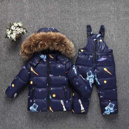 Parka Hooded Boy Baby Overalls Girl Winter Down Jacket Warm Kids Coat Children Snowsuit Snow Clothes Girls Fake Fur Clothing Set 211203