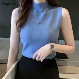 Knitted Solid White Blouse Women Summer Sleeveless Female Shirt Tops Office Ladies Blouses Casual Blusas Mujer 8623 210512