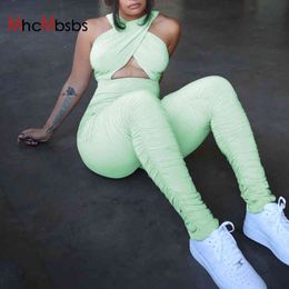 Sexy Cross Halter Bandage Backless Bodycon Jumpsuit Women Ruched Casual Green Outfit Summer Fashion Sporty Clothes 210517