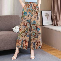 Summer Wide Leg Pants Women Loose High Waist Beach Ankle-Length Trousers Summer Casual Retro Print Plaid Pants Q0801