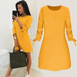 Women Fashion O-neck Solid Bow Elegant Straigth Dress Spring Loose Mini Dresses 3/4 Sleeve Comfortable Plus Size Casual