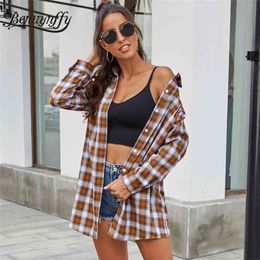 Autumn Winter Women Fashion Long Plaid Shirt Button Up Lapel Sleeve Woman Shirts Outwear Casual Tops Blouses 210510