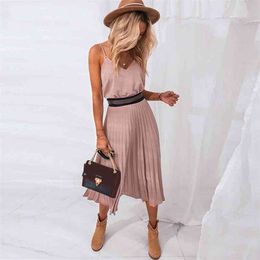 Sexy Women Summer Dress Spaghetti Strap V-Neck Pink Female Pleated Midi Casual Office Ladies Party es 210623