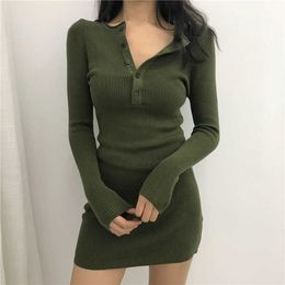 Autumn Harajuku vintage Solid color buckle sexy tight female fashion simple long-sleeved knit casual short dress 210608