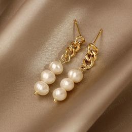 Small Cuban Chain Pearl Dangle Earrings 925 Silver Needle Korea Temperament Female Earrings 2021 Simple Earring Jewellery