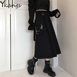 Chain Side Ring Pocket Midi Long Black Skirt High Waist Loose A-Line Cargo Skiets Korean Hip Hop Streetwear Harajuku OverSize 210619