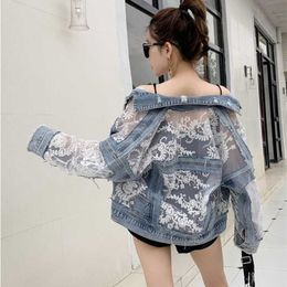 Summer Long Sleeve Large Size Jeans Jacket's Coat Loose Lace Stitching Perspective top Jacket Ladies denim coat 211014