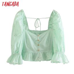 Tangada Women Retro Green Ruffles Embroidery Romantic Crop Shirt Short Sleeve Summer Shirt Tops JE61 210609