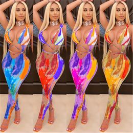 Womens Painted Pattern Skinny Rompers Fashion Trend Hollow out Sling Lacing Tops Slim Trousers Designer Summer Female Navel Casual Jumpsuits