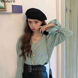 Solid Office Ladies Shirts Spring Summer V-neck Vintage Pleated Blusas Mujer Fashion Elegant Sweet Women Blouses 210519