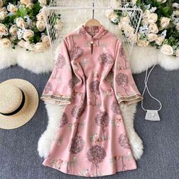 Fashion Women Cheongsam Improved Dress Lady Spring Stand Collar Slim Retro Pink Elegant Vestidos Q980 210527