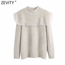 Zevity Women Elegant O Neck Organza Patchwork Ruffles Knitting Sweater Female Long Sleeve Chic Casual Pullovers Tops S569 210603