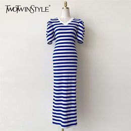 Casual Striped Dress For Women V Neck Puff Short Sleeve High Waist Slim Midi Dresses Female Summer Fashion 210520