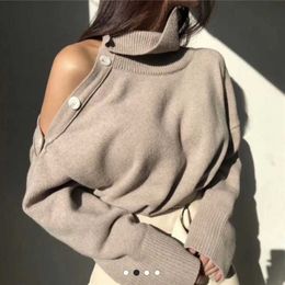 Spring Elegant Women Sweaters Sexy Strapless Turtleneck Loose Knitted Pullovers Female Casual Solid Tops Outwear 210922