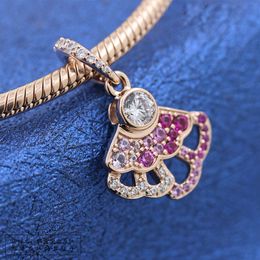 Rose Gold Plated Metal Pink Fan Dangle Charm Bead Fits European Pandora Style Jewelry Bracelets