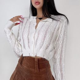 Women's Knits & Tees WOMENGAGA Long Sleeve Cardigan Buttons Women Loose Knitted Top Frayed Striped Korean Autumn Sweater Sexy Short Tops B87