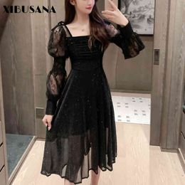 Women Black Lace Dress Spring Autumn Fashion Female Long Sleeve Square Collar Pleated Party Dresses A-line Vestido 210423