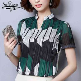 Fashion Woman Blouses Short Sleeve Summer Tops Print Striped Chiffon Blouse Shirt Plus Size Womens Tops And Blouses 2065 50 210323