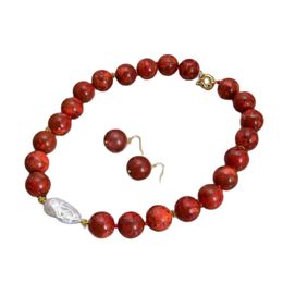 -Guaiguai Schmuck 18mm Rote Korallen Weiße Keshi Perle Halskette Ohrringe Sets Für Frauen Echte Edelsteine ​​Stein Dame Modeschmuck