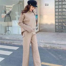 selling casual women's suit winter high neck loose thick knit fashion wide leg pants sweater two-piece women 210520