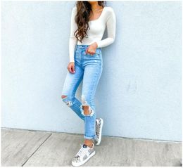 Women's jeans matching many kinds shoes European American fashion leisure Street charm personality straight zipper cotton tear hole elastic Leggings trousers