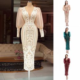 Tea-length Long Sleeve Prom Dresses Real Image Applique Sequins V-neck Burgundy Pink Evening Cocktail Dress in Stock