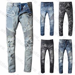 QNPQYX Mens Designer Jeans Distressed Ripped Biker Slim Fit Motorcycle Biker Denim For Men s Top Quality Fashion Mans Pants pour hommes