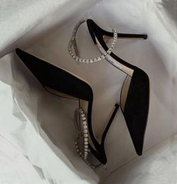 Mulheres sapatos de vestido de noiva saltos altos bombas estiletas de camurça preta com enfeites de cristal sandálias de luxo na primavera