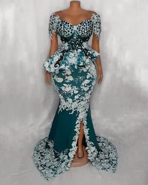 Teal Blue Mermaid Evening Dresses 2022 Sheer O-neck Lace Applique Crystal Aso Ebi Arabic African Prom Formal Gowns Femme