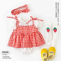 summer baby girl plaid sling skirt romper three-piece set with hair band clothes 210515