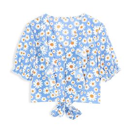 Summer Crop Tops Sunflower Print Ruffles Sashes Bowtie V Neck Buttons Vintage Style Girls Shirts Blusas Mujer De Moda 210527