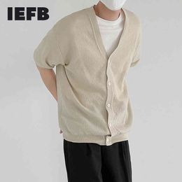 IEFB Short Sleeve Cardigan Coat Men's Summer Thin Sweater Slim Simple V-neck Solid Color Trend Korean Male Clothign 9Y7584 210524