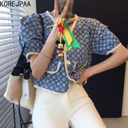 Korejpaa Women Shirt Summer Korean Chic Retro Slimming V-Neck Border Contrast Lace Embroidered Flower Puff Sleeve Blouses 210526