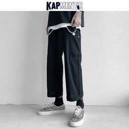 Men Wide Legs Harajuku Sweat Cargo Pants 2021 Spring Mens Button Pockets Streetwear Baggy Joggers Cotton Trousers 5XL Men's