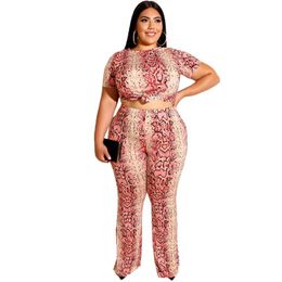 Plus Size Tracksuits Snakeskin Print Tracksuit Women Two Piece Set Short Sleeve Pullover Top Long Pants Suit Spring Summer Leisure Outfits