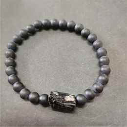 natural black tourmaline bracelet UK - Natural Black Raw Rough Tourmaline Matte Onyx Stone Beads Mineral Healing Beaded Bracelets For Unisex Man Women Beaded, Strands