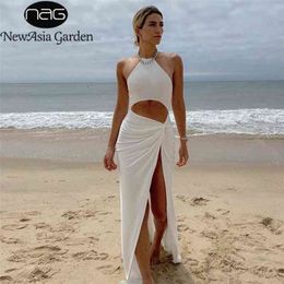 NewAsia Sexy Party Dress Women Off Shoulder Hollow Out Twist Maxi White Dresses Summer Solid Color Casual Side Split Beach Dress 210323