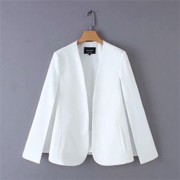 Women elegant black white color v neck split casual cloak coat office lady wear outwear suit jacket open stitch tops CT237 210804