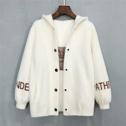 Women's Imitation Mink Velvet Coat Autumn And Winter Loose Letter Embroidery Fur Collar Cardigan Female Hooded Knitted Tops M248 211007