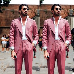 High Quality Pink Mens Tuxedos Groom Wear Two Button Wedding Blazer Suits 2 Pieces Business Prom Party Outfit