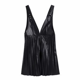 Women PU Leather Deep V Neck Pressed Pleat Splicing Mini Dress Female Sleeveless Clothes Casual Lady Loose Vestido D6967 210323