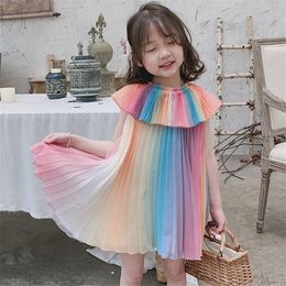 2021 Kids Clothes Girls Summer Dress Fashion Rainbow Pleated Chiffon Dress Princess Children Dresses Baby Toddler Vestidos Q0716